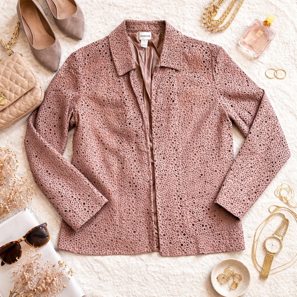 Chico's Leather Jacket Womens 2 Large Mauve Laser Cut Eyelet Suede Open Blazer